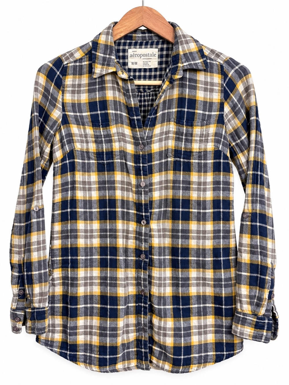 Aeropostale Plaid Button Front Shirt Size M Blue Gray Mustard Cotton